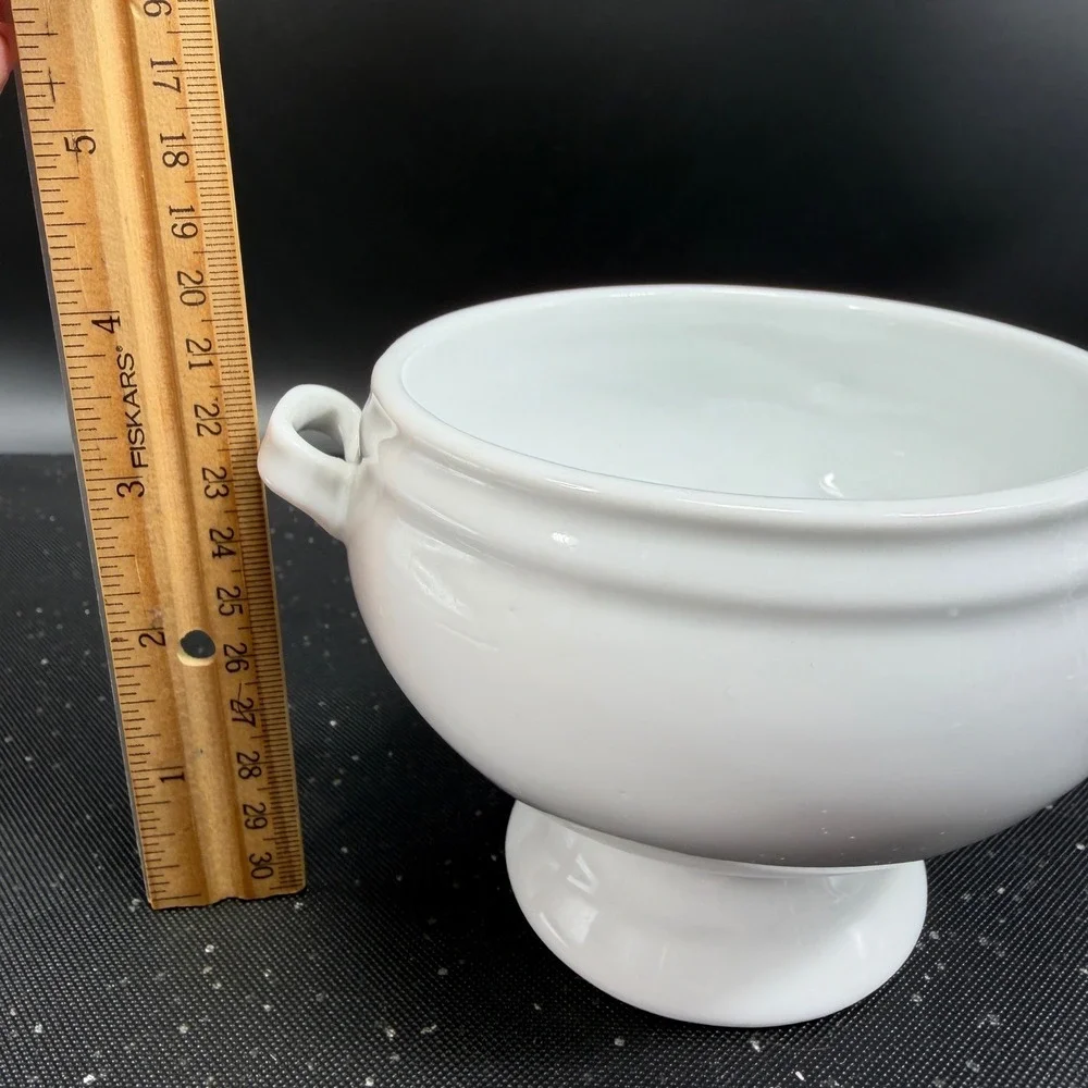 Crate & Barrel White Porcelain Footed Soup Bowls Set 2 Lion Head Style Handles